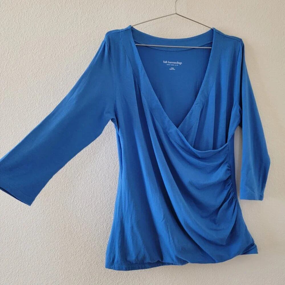 Soft Surroundings Faux Wrap Top Periwinkle Blue Pima Cotton Womens Size L - Picture 4 of 9